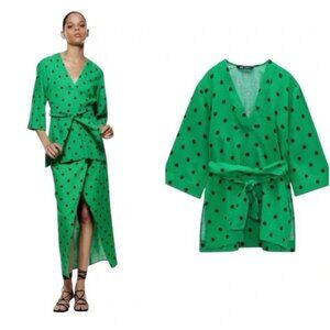 Zara Kelly Green Polkadot Linen‎ Blend Top Sz XS Tunic Belted 3/4 Sleeve V Neck